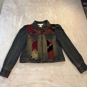Rene Derby Y2K Patchwork Denim Jacket Womens 10 Boho Paisley Zip Up Blue